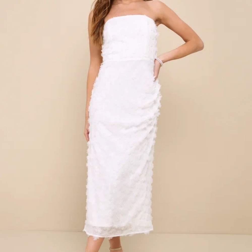 Lulus White Strapless Dress with 3D Floral Appliqué